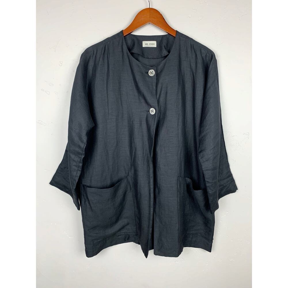 ARE Studio Black Linen Jacket Button Front Pockets Lagenlook USA Womens One Size
